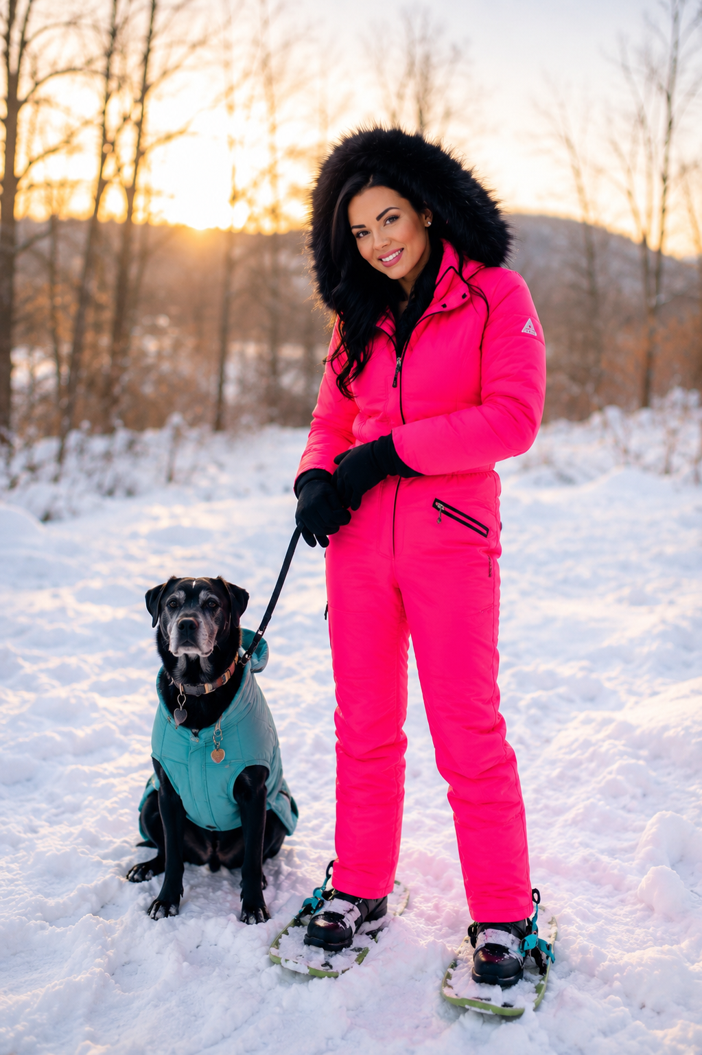 Samantha snowshoeing with her dog Shadow in winter